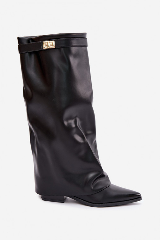 damen kniehohe Stiefel mit genähtem Schaft auf niedrigem Absatz aus Kunstleder in Schwarz Gisellea