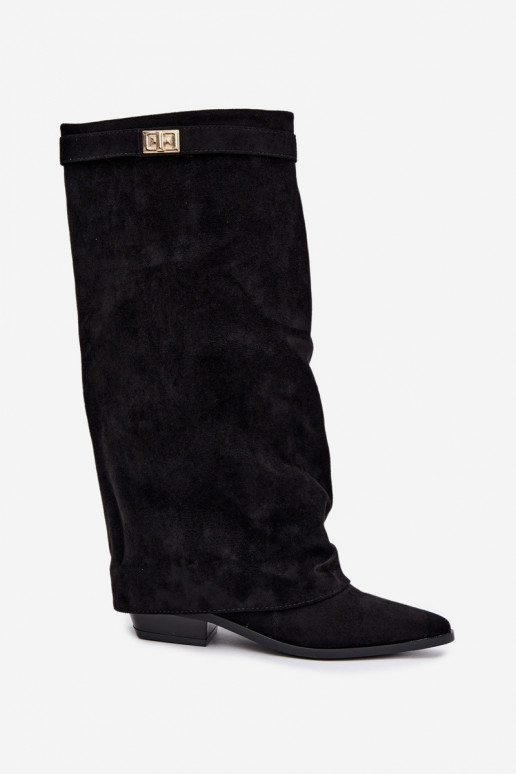 damen kniehohe Stiefel mit genähtem Schaft auf niedrigem Absatz aus Kunstveloursleder in Schwarz Gisellea
