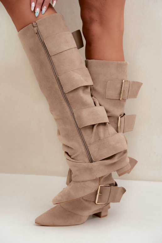 damen kniehohe Stiefel mit genähtem Schaft in Gold mit Schnallen aus Kunstveloursleder in Khaki Isa
