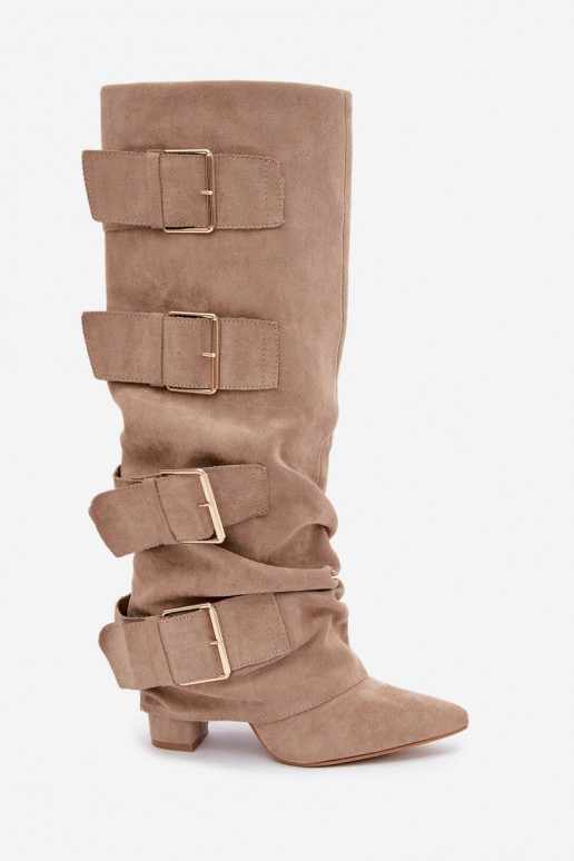 damen kniehohe Stiefel mit genähtem Schaft in Gold mit Schnallen aus Kunstveloursleder in Khaki Isa