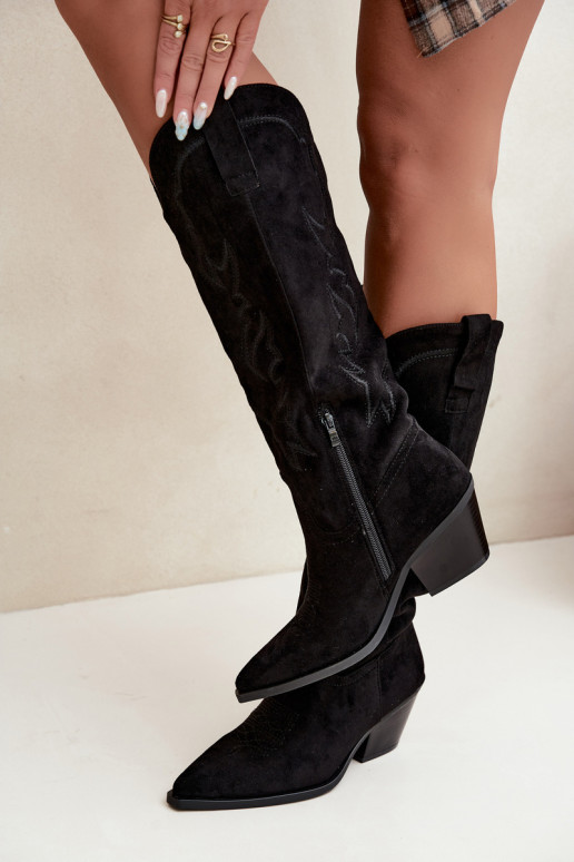 damen kniehohe Stiefel im Cowboy-Stil mit Absatz aus Kunstveloursleder in Schwarz Merise