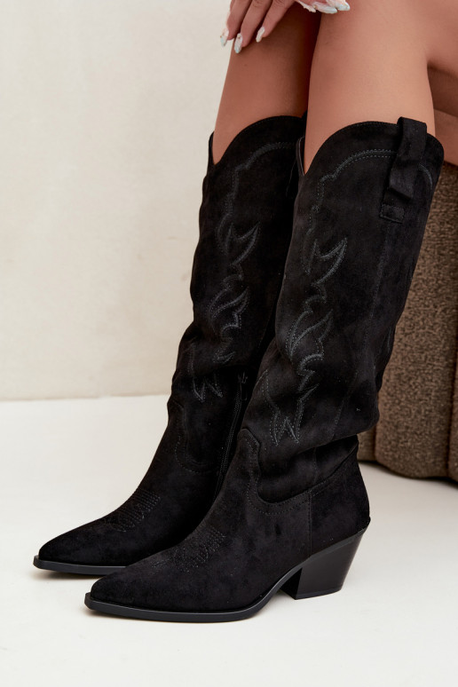 damen kniehohe Stiefel im Cowboy-Stil mit Absatz aus Kunstveloursleder in Schwarz Merise