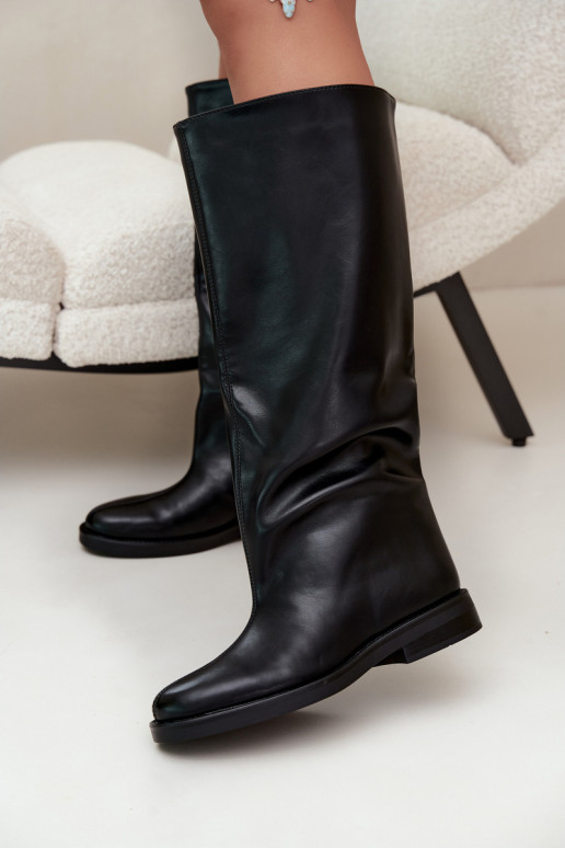 damen kniehohe Stiefel mit breiten Absätzen und dekorativem Stich in Schwarz Gresa