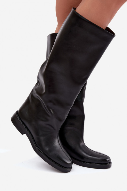 damen kniehohe Stiefel mit breiten Absätzen und dekorativem Stich in Schwarz Gresa