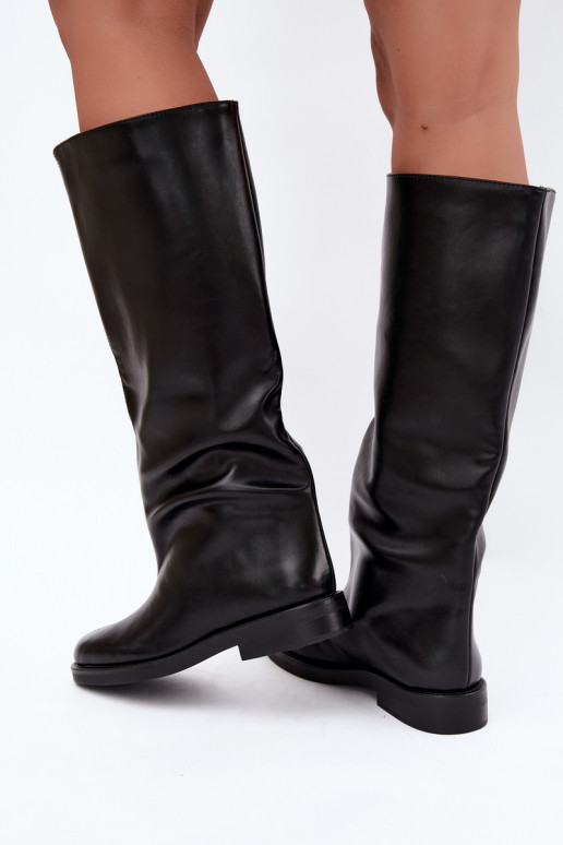 damen kniehohe Stiefel mit breiten Absätzen und dekorativem Stich in Schwarz Gresa