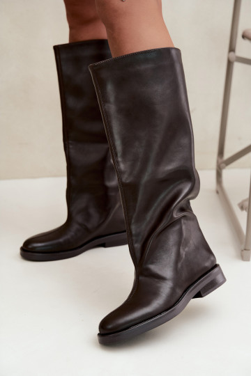 damen kniehohe Stiefel mit breiten Absätzen und dekorativem Stich in Schokoladenfarbe Gresa 2
