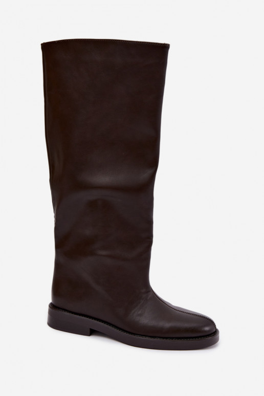 damen kniehohe Stiefel mit breiten Absätzen und dekorativem Stich in Schokoladenfarbe Gresa
