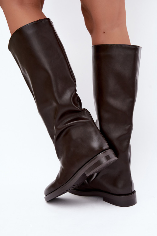 damen kniehohe Stiefel mit breiten Absätzen und dekorativem Stich in Schokoladenfarbe Gresa
