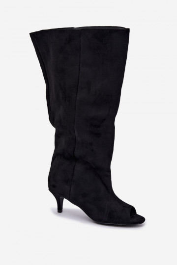 kniehohe Stiefel mit hohem Schaft und offenen Zehen in Schwarz Henya 2
