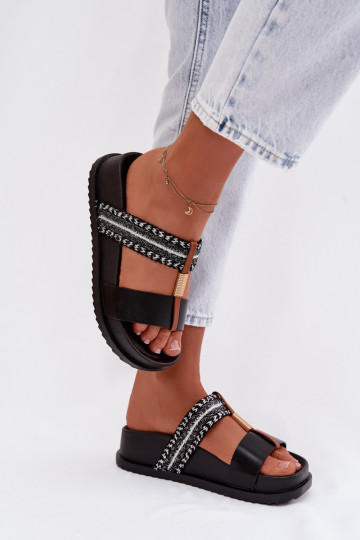 Schwarze Damen-Slipper mit Plattform, Riemen und goldenen Details Tahlia