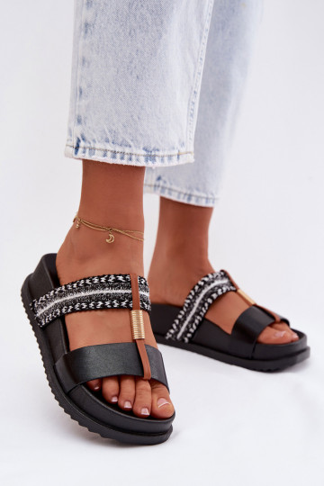 Schwarze Damen-Slipper mit Plattform, Riemen und goldenen Details Tahlia 2