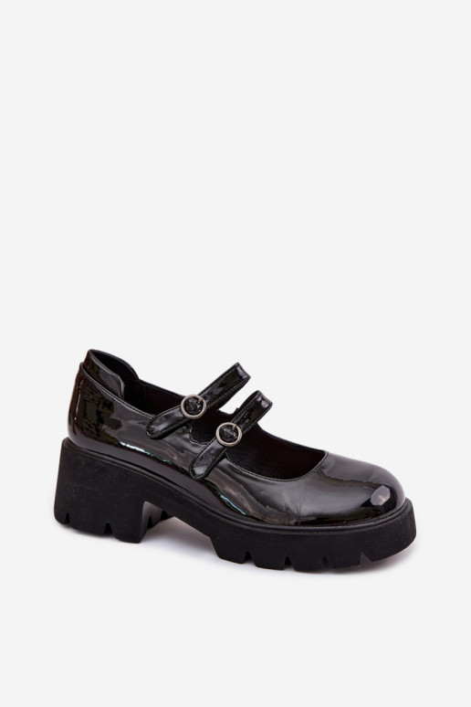 Schwarze Damen-Schuhe mit Lackeffekt, Absätzen und Riemen Kamira