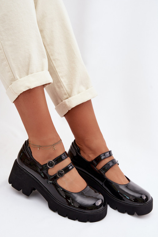 Schwarze Damen-Schuhe mit Lackeffekt, Absätzen und Riemen Kamira