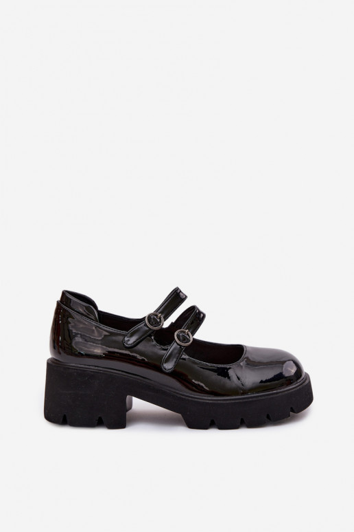 Schwarze Damen-Schuhe mit Lackeffekt, Absätzen und Riemen Kamira