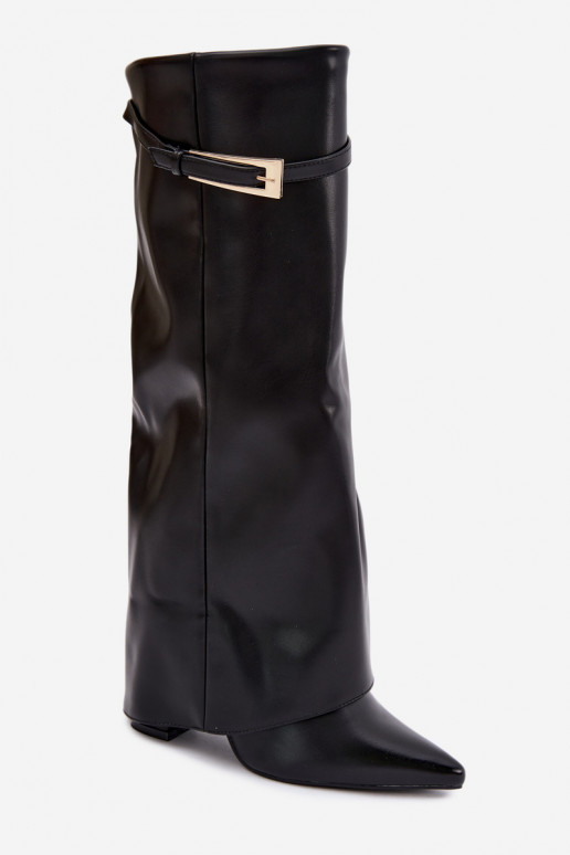 Lange Stiefel mit Absätzen und genähtem Schaft mit Schnallen in schwarzer Farbe Amrie