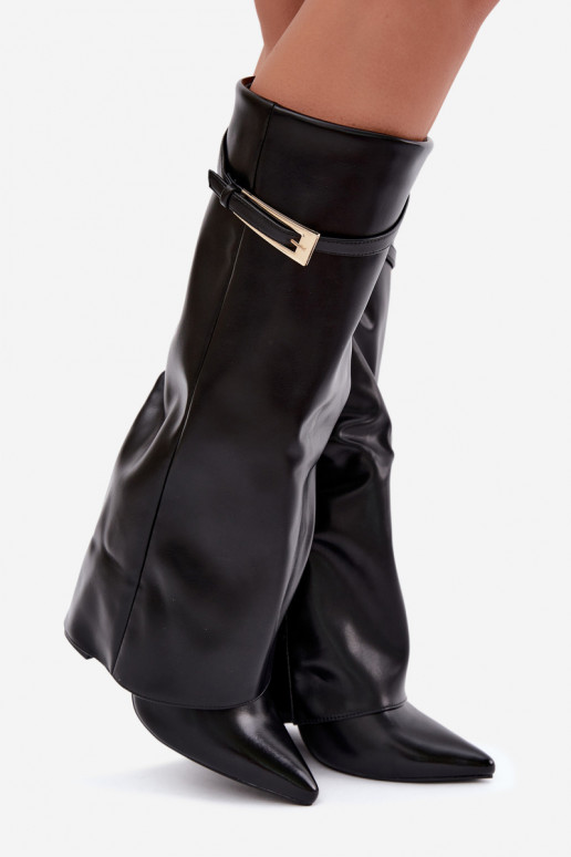 Lange Stiefel mit Absätzen und genähtem Schaft mit Schnallen in schwarzer Farbe Amrie