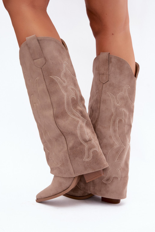 Lange Cowboy-Stiefel mit Absätzen und genähtem Schaft in Khaki-Farbe Irella