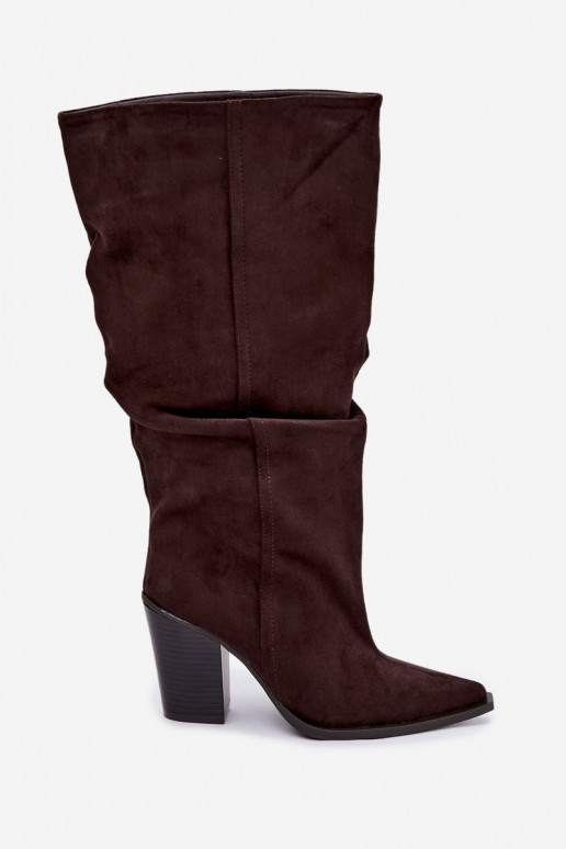 Schokoladenfarbene Stiefeletten mit Absatz und Rüschen Jensy