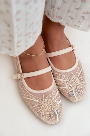 Netz-Ballerinas mit gestickten Blumen und Pailletten in Sandfarbe Caletta