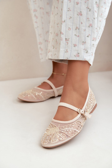 Netz-Ballerinas mit gestickten Blumen und Pailletten in Sandfarbe Caletta 2