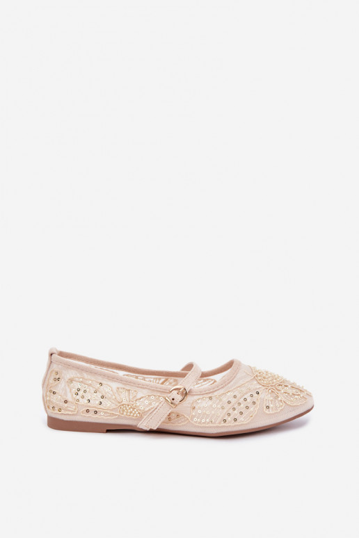 Netz-Ballerinas mit gestickten Blumen und Pailletten in Sandfarbe Caletta