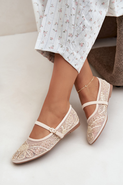 Netz-Ballerinas mit gestickten Blumen und Pailletten in Sandfarbe Caletta