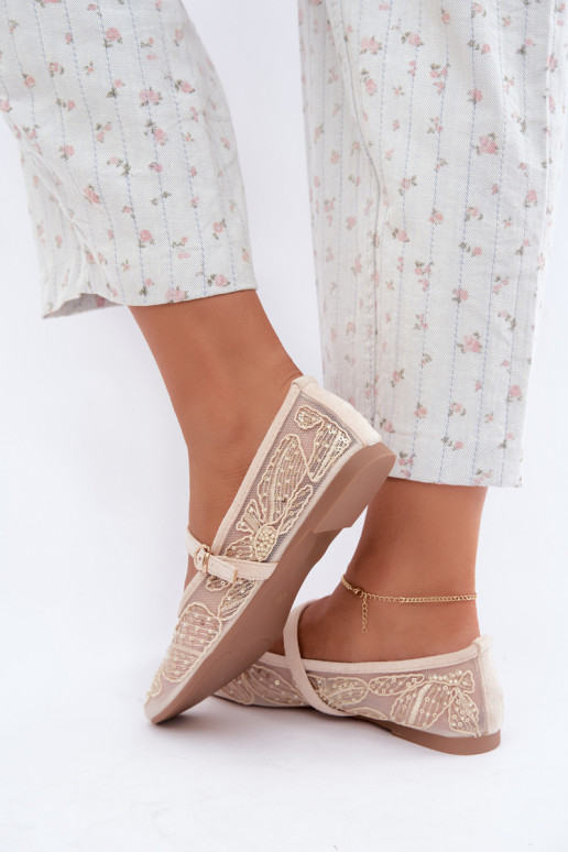 Netz-Ballerinas mit gestickten Blumen und Pailletten in Sandfarbe Caletta