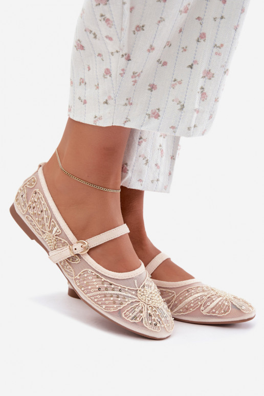 Netz-Ballerinas mit gestickten Blumen und Pailletten in Sandfarbe Caletta