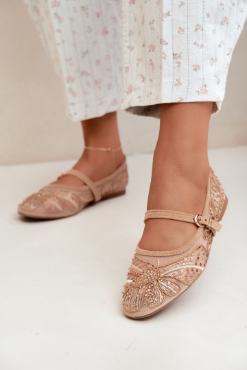 Netz-Ballerinas mit gestickten Blumen und Pailletten in Sandfarbe Caletta 2