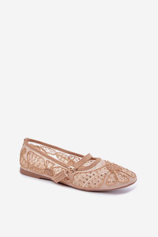 Netz-Ballerinas mit gestickten Blumen und Pailletten in Sandfarbe Caletta