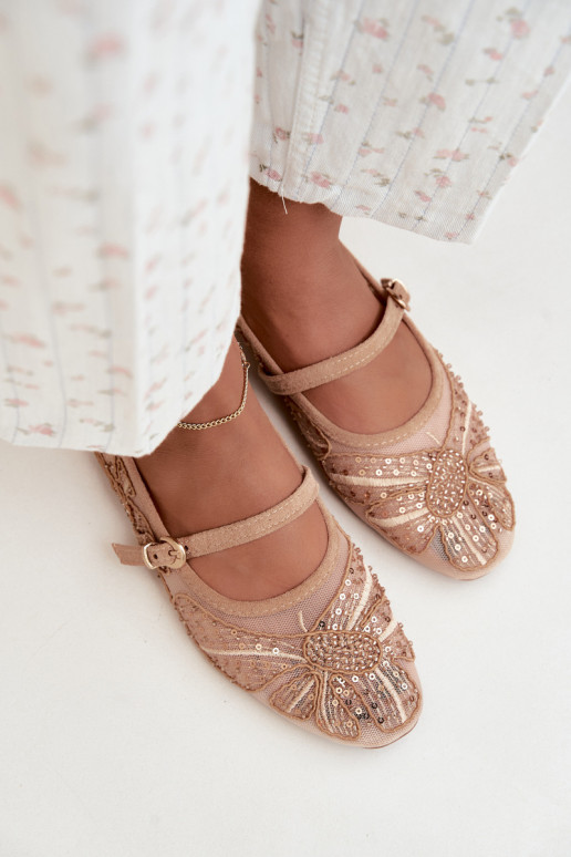 Netz-Ballerinas mit gestickten Blumen und Pailletten in Sandfarbe Caletta