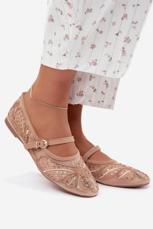 Netz-Ballerinas mit gestickten Blumen und Pailletten in Sandfarbe Caletta
