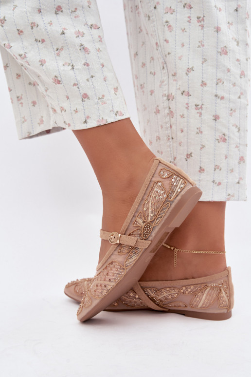 Netz-Ballerinas mit gestickten Blumen und Pailletten in Sandfarbe Caletta