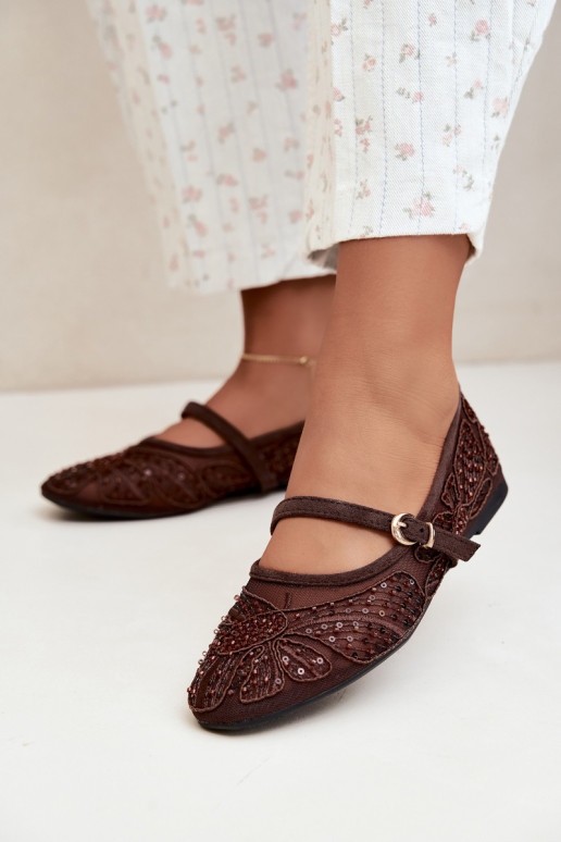 Netz-Ballerinas mit gestickten Blumen und Pailletten in Schokoladenfarbe Caletta