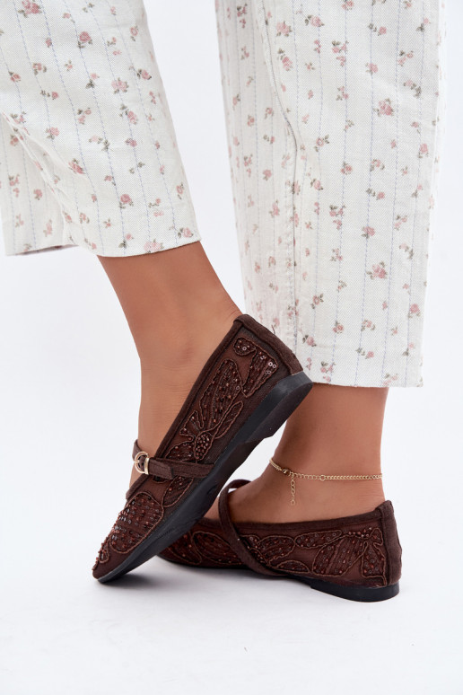 Netz-Ballerinas mit gestickten Blumen und Pailletten in Schokoladenfarbe Caletta