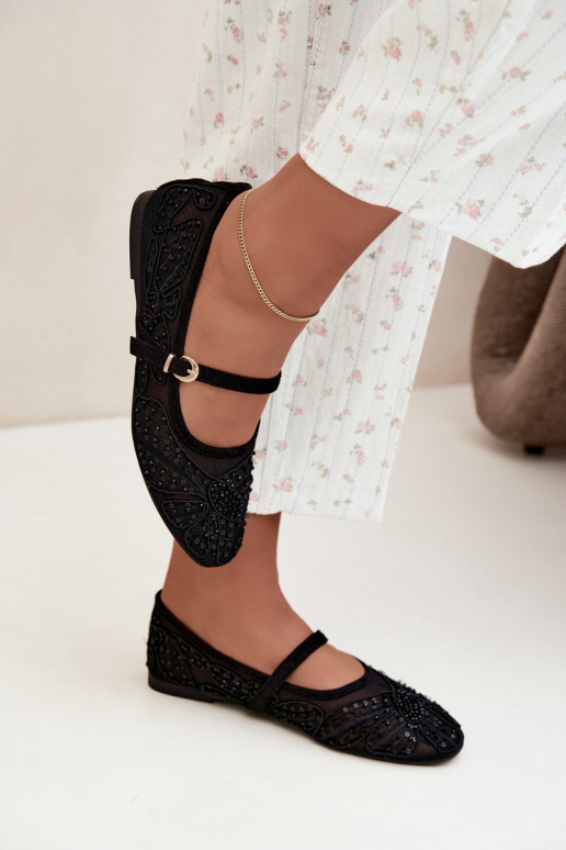 Netz-Ballerinas mit gestickten Blumen und Pailletten in schwarzer Farbe Caletta