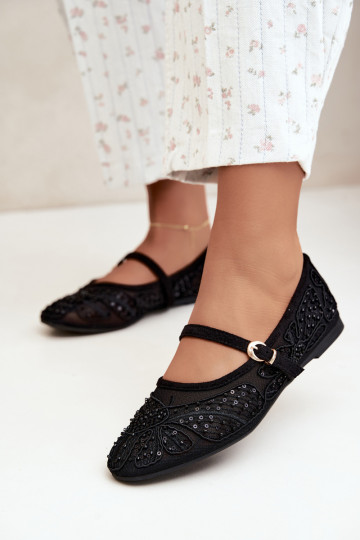 Netz-Ballerinas mit gestickten Blumen und Pailletten in schwarzer Farbe Caletta 2