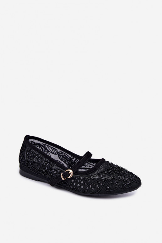 Netz-Ballerinas mit gestickten Blumen und Pailletten in schwarzer Farbe Caletta