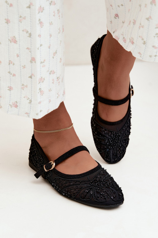Netz-Ballerinas mit gestickten Blumen und Pailletten in schwarzer Farbe Caletta