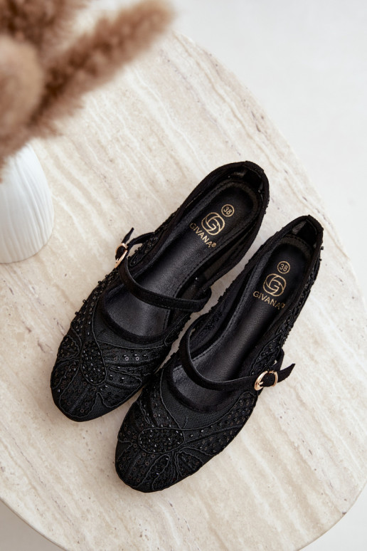 Netz-Ballerinas mit gestickten Blumen und Pailletten in schwarzer Farbe Caletta