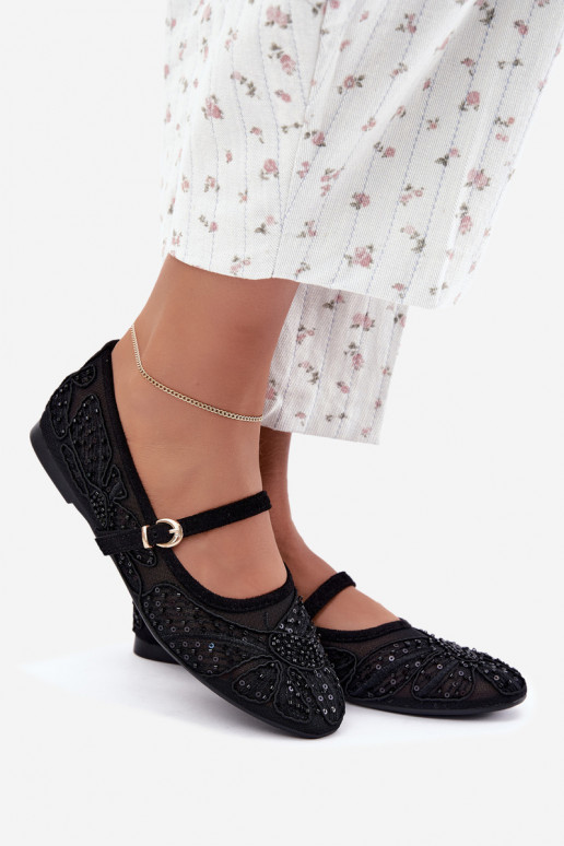 Netz-Ballerinas mit gestickten Blumen und Pailletten in schwarzer Farbe Caletta