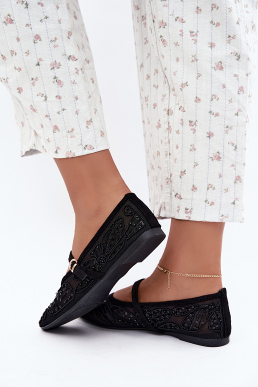 Netz-Ballerinas mit gestickten Blumen und Pailletten in schwarzer Farbe Caletta