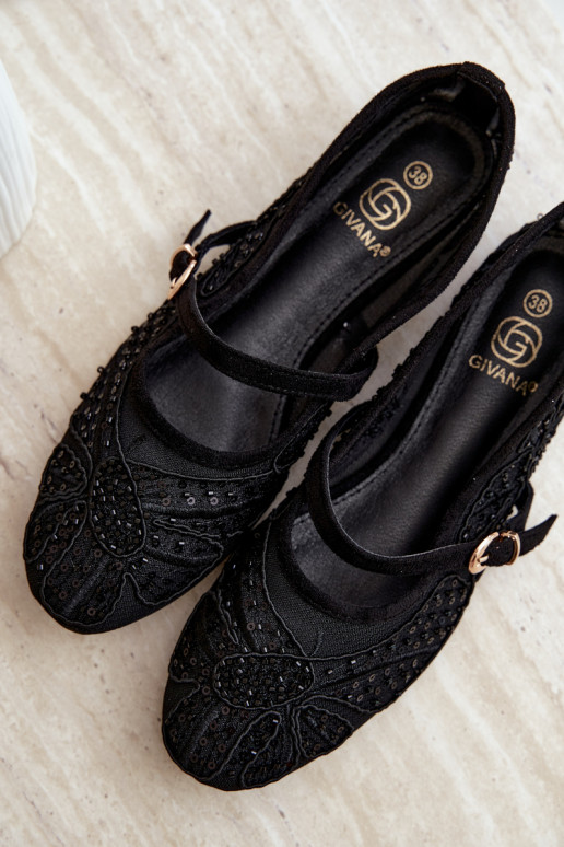 Netz-Ballerinas mit gestickten Blumen und Pailletten in schwarzer Farbe Caletta