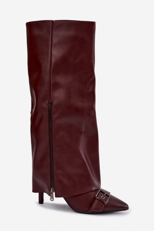 gefütterte kniehohe Stiefel mit dünnen Absätzen und Schnallen in bordeauxfarbener Ausführung Kelra
