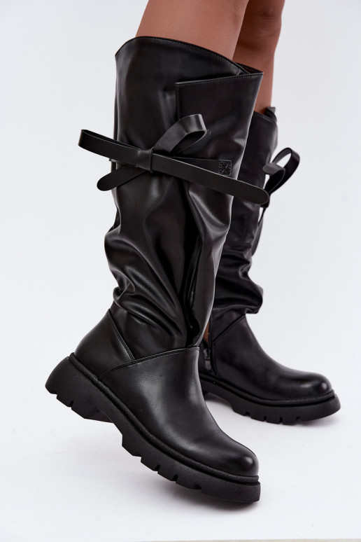 Damen kniehohe Stiefel mit breiten Absätzen und Schleifen in schwarzer Farbe Amely