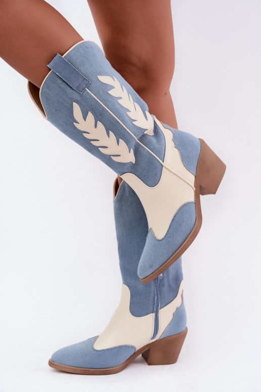 kniehohe Stiefel im Cowboy-Stil mit Absatz aus Denim in brauner Farbe