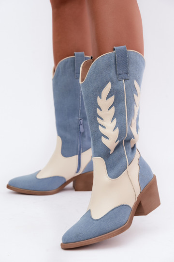 kniehohe Stiefel im Cowboy-Stil mit Absatz aus Denim in brauner Farbe 2