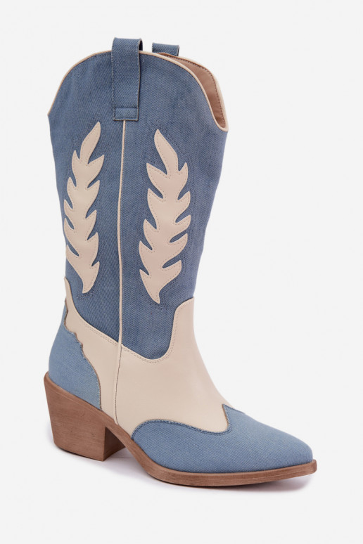 kniehohe Stiefel im Cowboy-Stil mit Absatz aus Denim in brauner Farbe