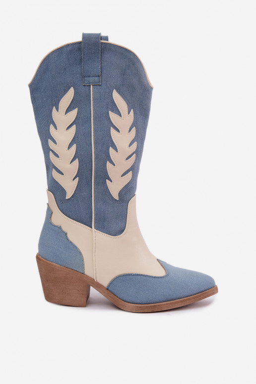 kniehohe Stiefel im Cowboy-Stil mit Absatz aus Denim in brauner Farbe