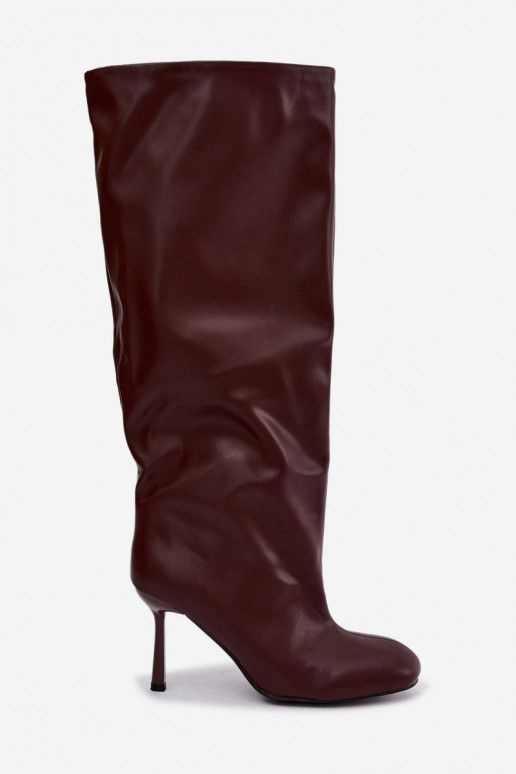 Schlüpfschuh Damen kniehohe Stiefel mit schmalen Absätzen in Bordeauxfarbe Caliya